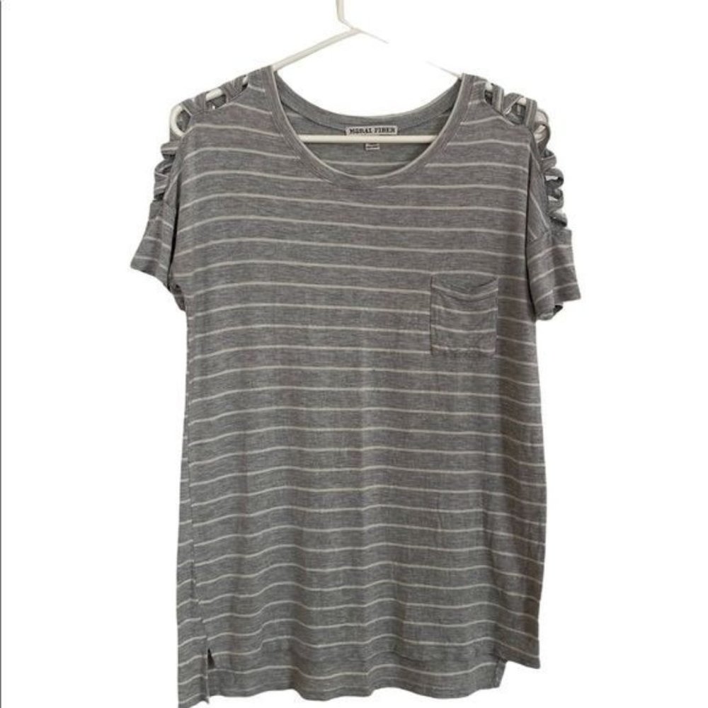Moral Fiber T Shirt Size Large Gray & Cream Stripe